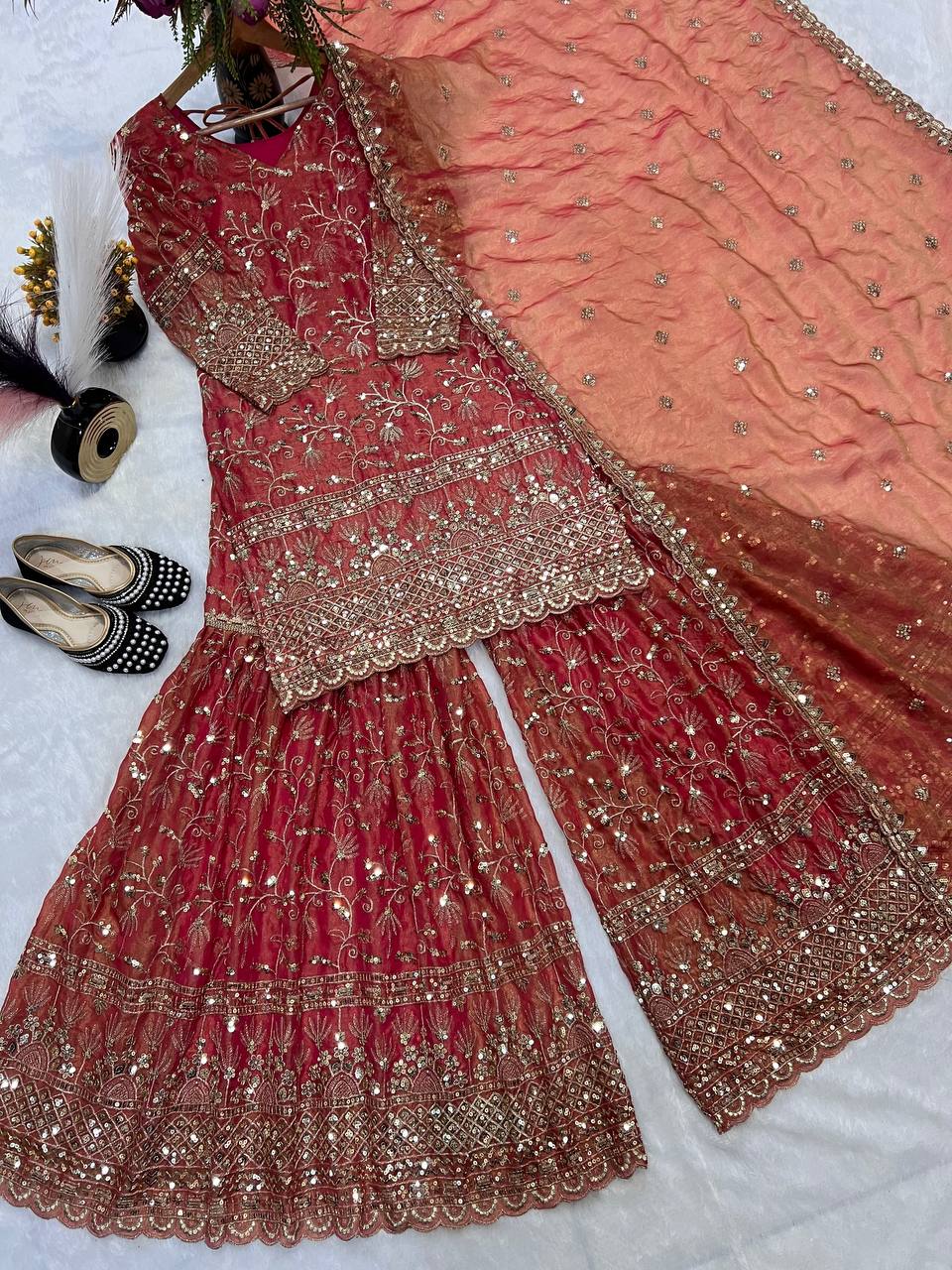 Terracotta Orange Couture Sharara Set - Festive Wear